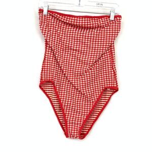 Seafolly Tube Maillot Strapless One Piece Swimsuit Red White Gingham Check Sz 12